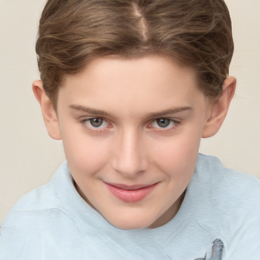 Joyful white child female with short  brown hair and brown eyes