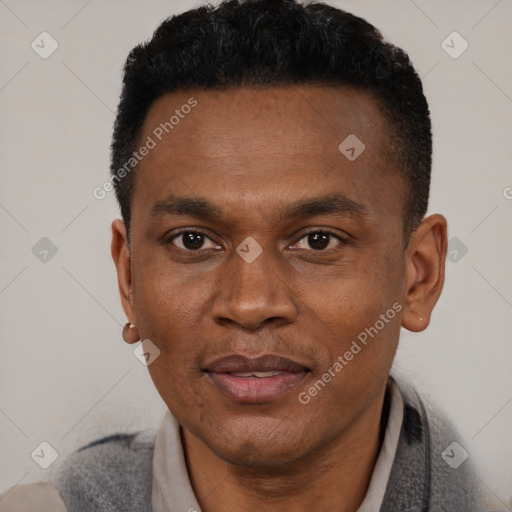Joyful black young-adult male with short  black hair and brown eyes