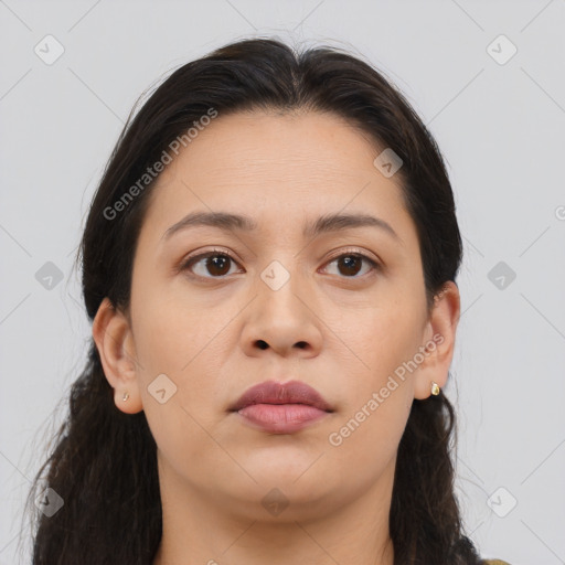 Neutral asian young-adult female with long  brown hair and brown eyes