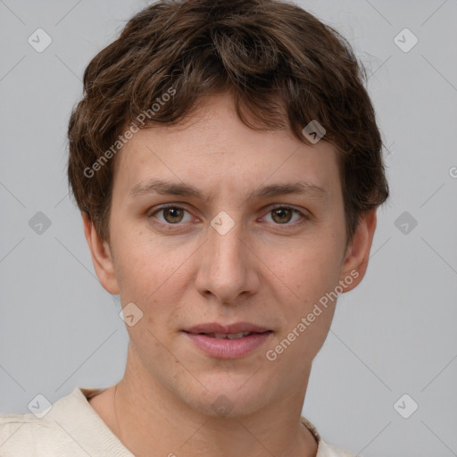 Joyful white young-adult female with short  brown hair and grey eyes