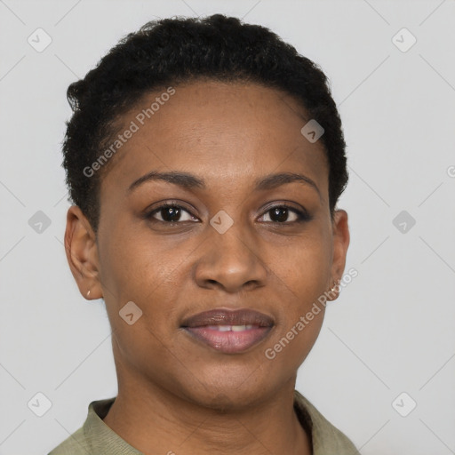 Joyful black young-adult female with short  brown hair and brown eyes