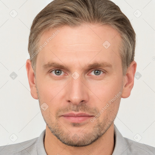 Neutral white adult male with short  brown hair and brown eyes