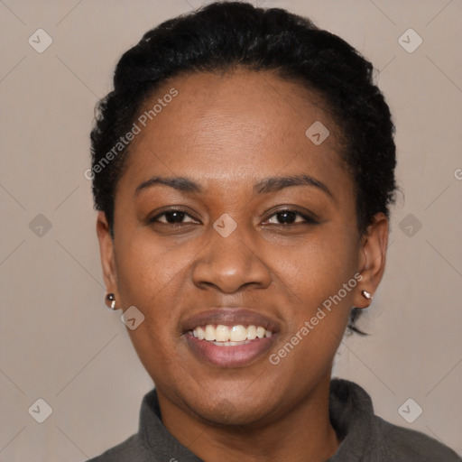 Joyful latino young-adult female with short  black hair and brown eyes