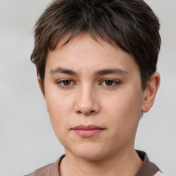 Neutral white young-adult female with short  brown hair and brown eyes