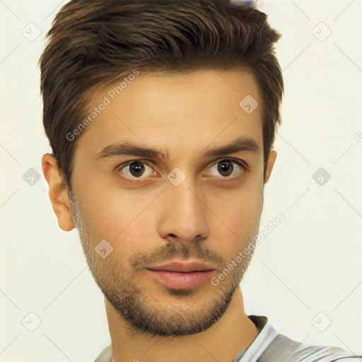 Neutral white young-adult male with short  brown hair and brown eyes