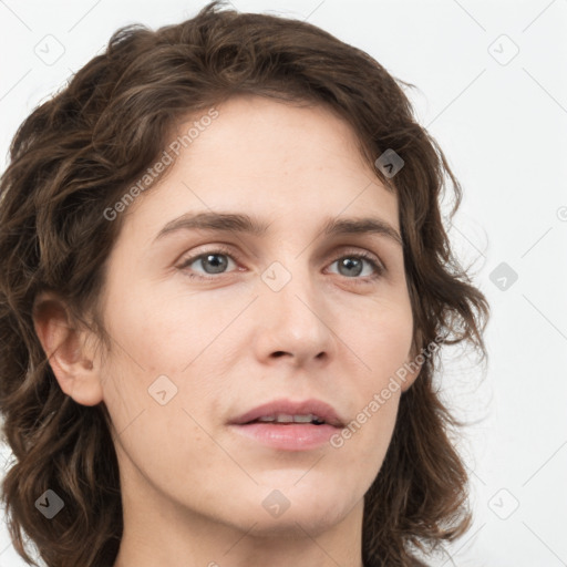 Neutral white young-adult female with medium  brown hair and grey eyes