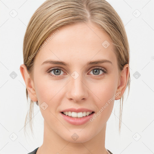 Joyful white young-adult female with medium  brown hair and blue eyes