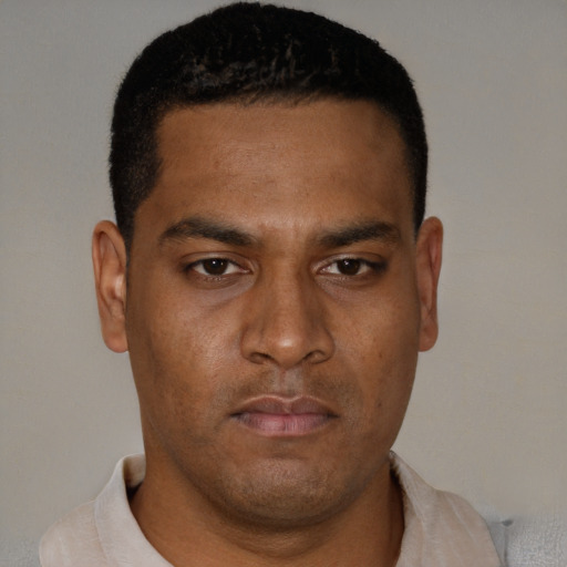 Neutral black young-adult male with short  black hair and brown eyes