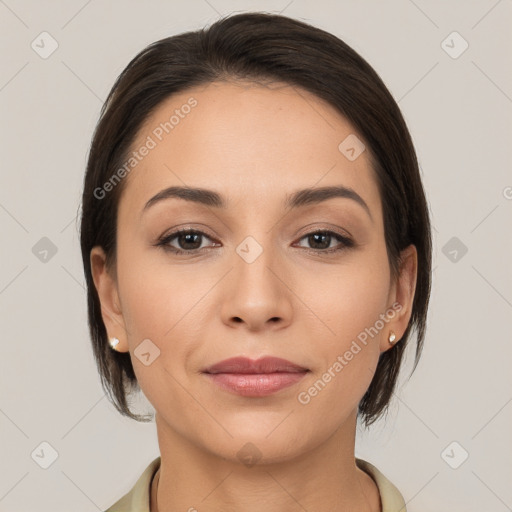 Joyful white young-adult female with medium  brown hair and brown eyes