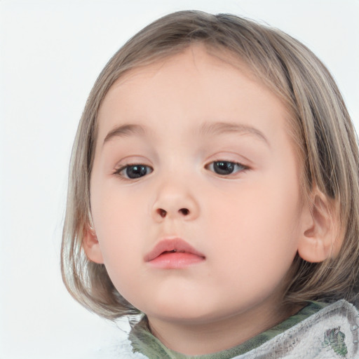 Neutral white child female with medium  brown hair and blue eyes