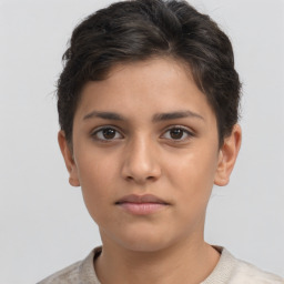 Neutral white young-adult female with short  brown hair and brown eyes