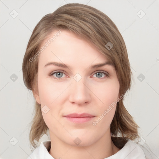 Neutral white young-adult female with medium  brown hair and grey eyes