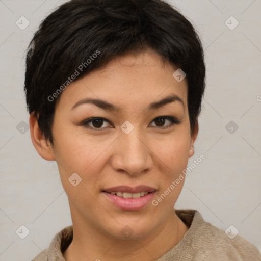 Joyful asian young-adult female with short  brown hair and brown eyes