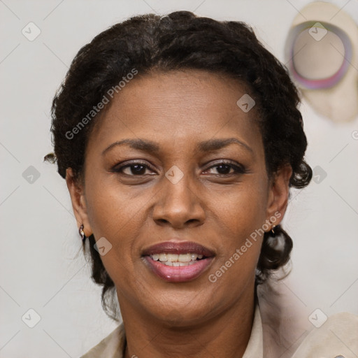 Joyful black adult female with short  brown hair and brown eyes