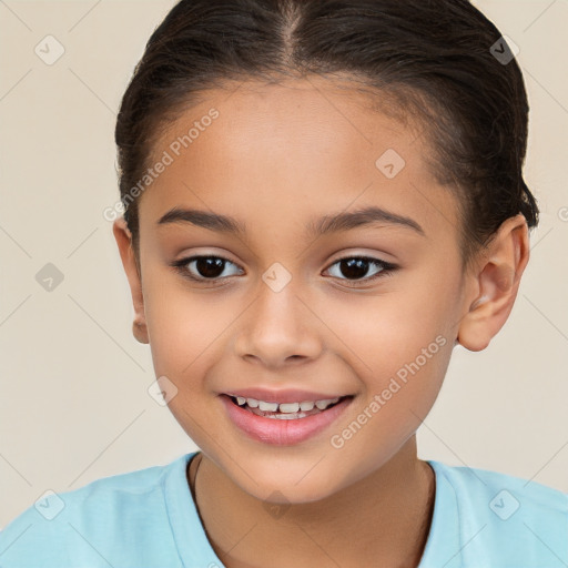 Joyful white child female with short  brown hair and brown eyes