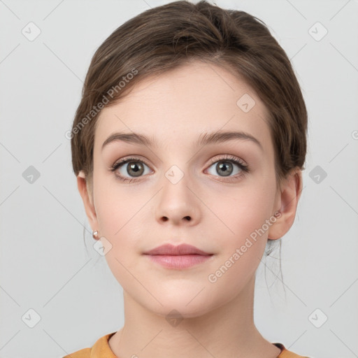 Neutral white young-adult female with short  brown hair and grey eyes