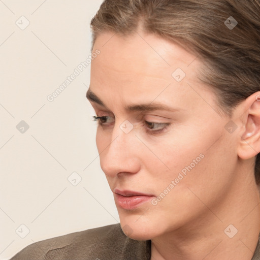 Neutral white young-adult female with short  brown hair and brown eyes