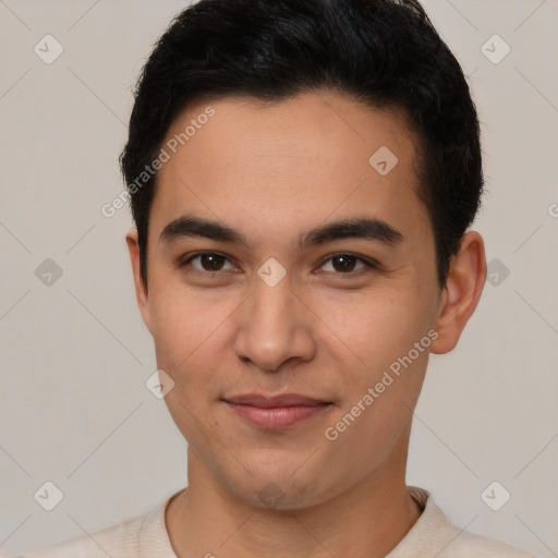 Joyful latino young-adult male with short  black hair and brown eyes