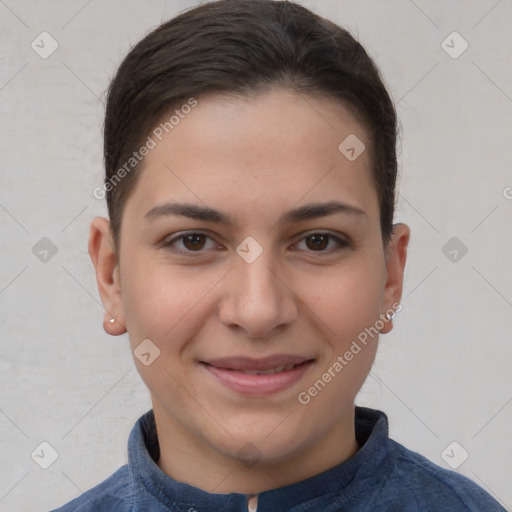 Joyful white young-adult female with short  brown hair and brown eyes