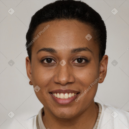 Joyful latino young-adult female with short  black hair and brown eyes