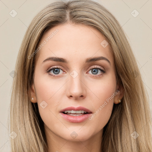 Joyful white young-adult female with long  brown hair and green eyes