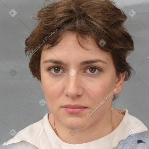 Neutral white young-adult female with short  brown hair and brown eyes