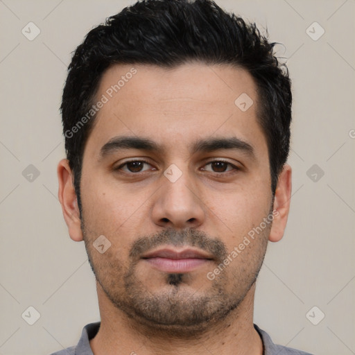 Neutral latino young-adult male with short  black hair and brown eyes