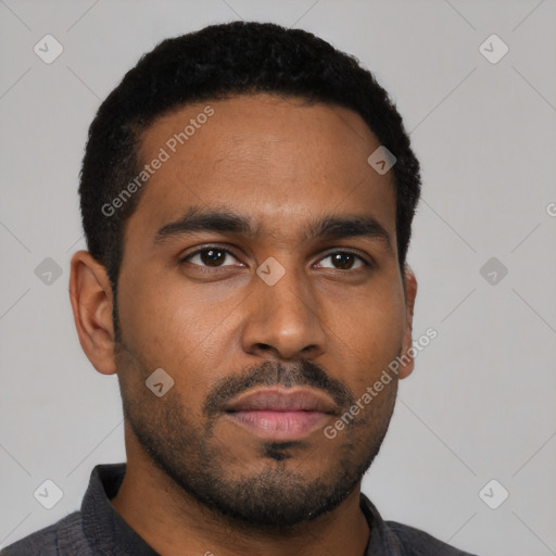 Neutral black young-adult male with short  black hair and brown eyes