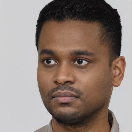 Neutral black young-adult male with short  black hair and brown eyes