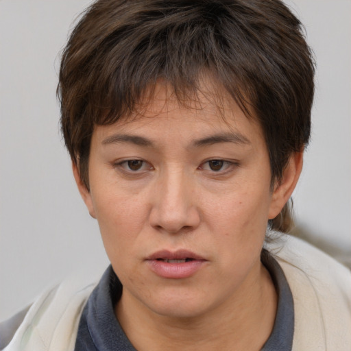 Neutral white young-adult female with short  brown hair and brown eyes