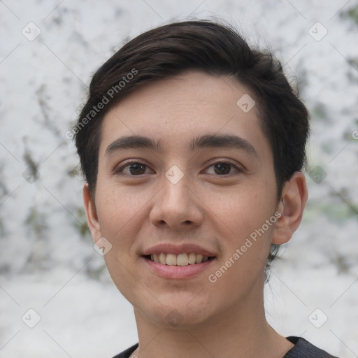 Joyful white young-adult female with short  brown hair and brown eyes