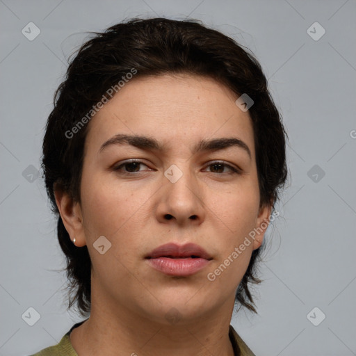 Neutral white young-adult female with medium  brown hair and brown eyes