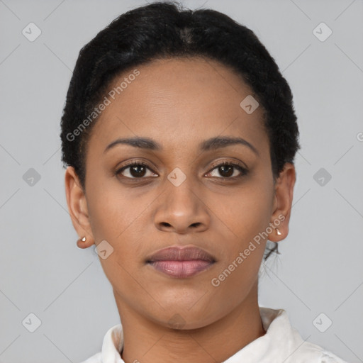 Joyful latino young-adult female with short  black hair and brown eyes