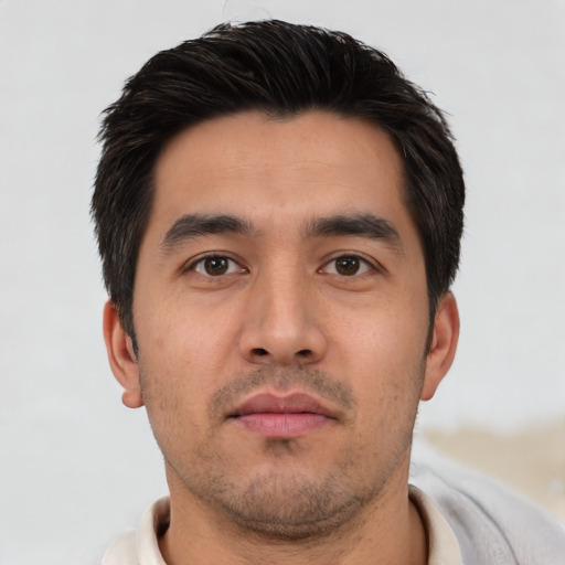 Neutral asian young-adult male with short  black hair and brown eyes