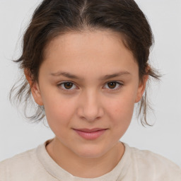 Joyful white child female with medium  brown hair and brown eyes