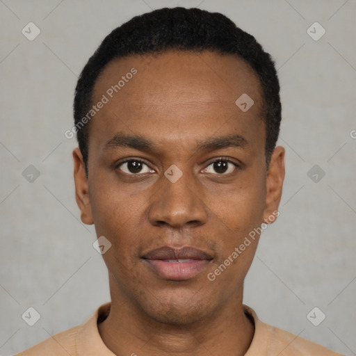 Neutral black young-adult male with short  black hair and brown eyes