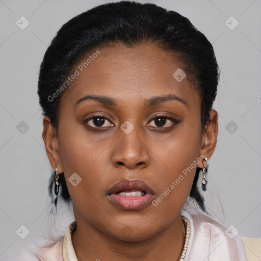 Neutral latino young-adult female with short  brown hair and brown eyes