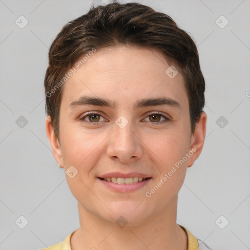 Joyful white young-adult female with short  brown hair and brown eyes