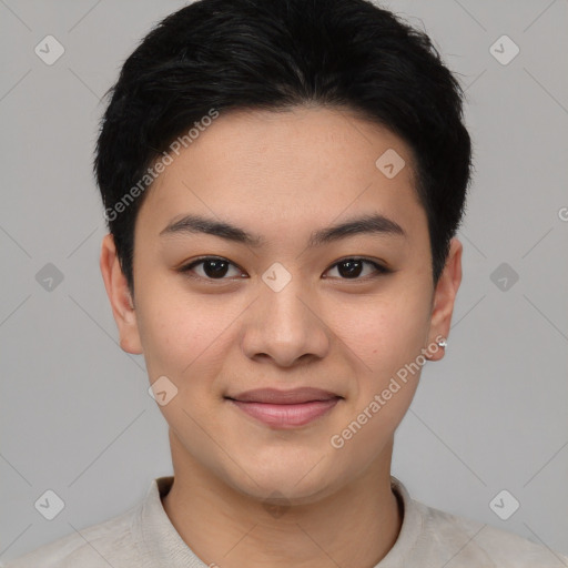 Joyful asian young-adult female with short  black hair and brown eyes