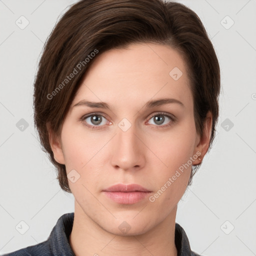 Neutral white young-adult female with medium  brown hair and grey eyes