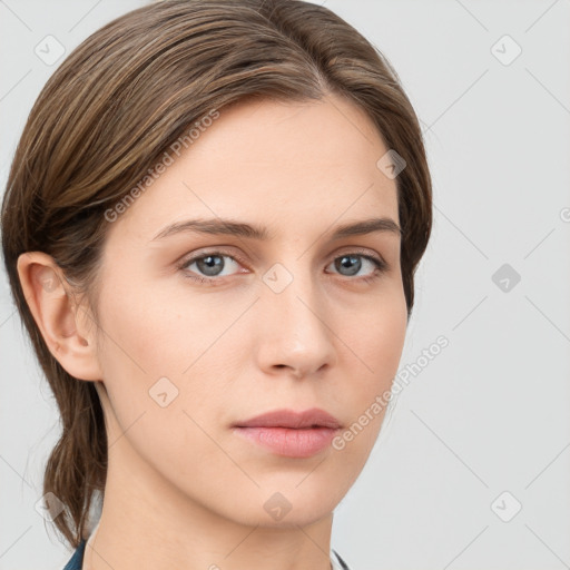 Neutral white young-adult female with medium  brown hair and grey eyes