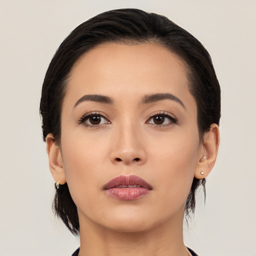 Neutral asian young-adult female with medium  black hair and brown eyes