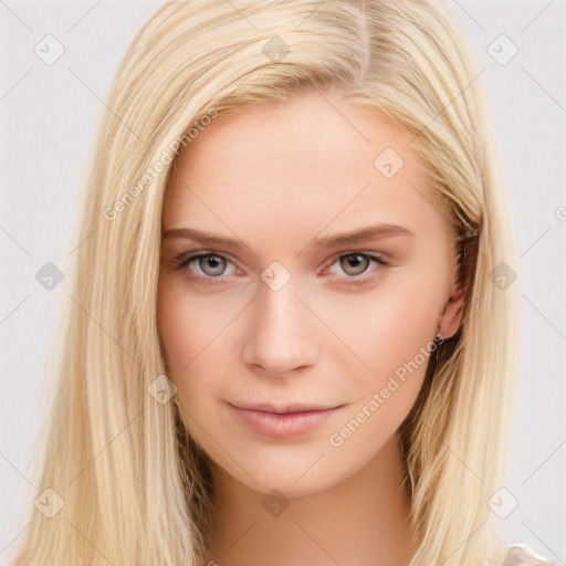 Neutral white young-adult female with long  brown hair and brown eyes