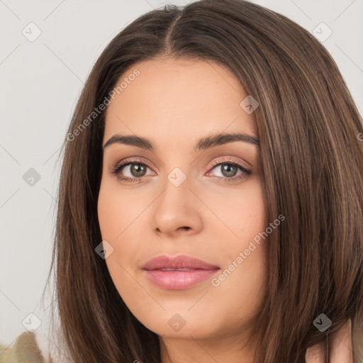 Neutral white young-adult female with long  brown hair and brown eyes