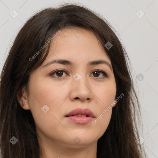 Neutral white young-adult female with long  brown hair and brown eyes