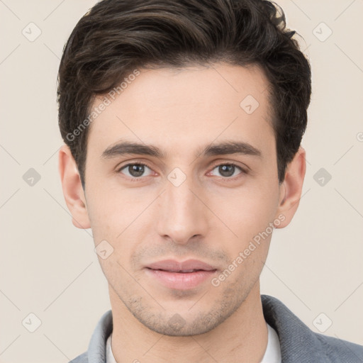 Neutral white young-adult male with short  brown hair and brown eyes