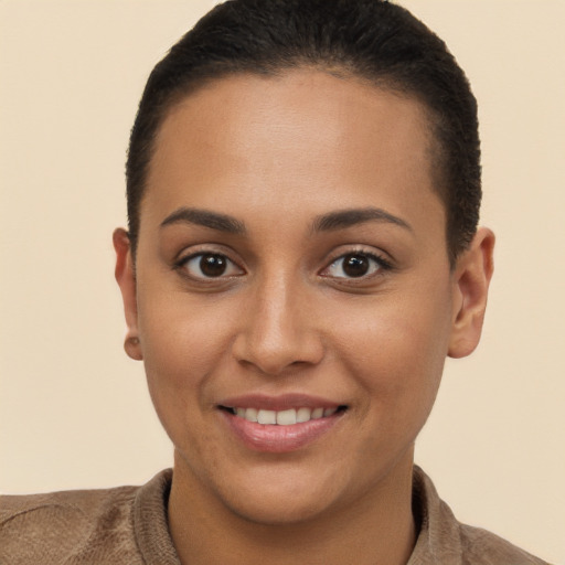 Joyful white young-adult female with short  brown hair and brown eyes