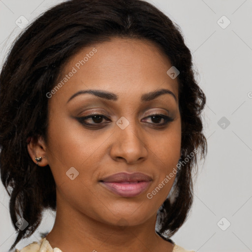 Joyful black young-adult female with medium  brown hair and brown eyes