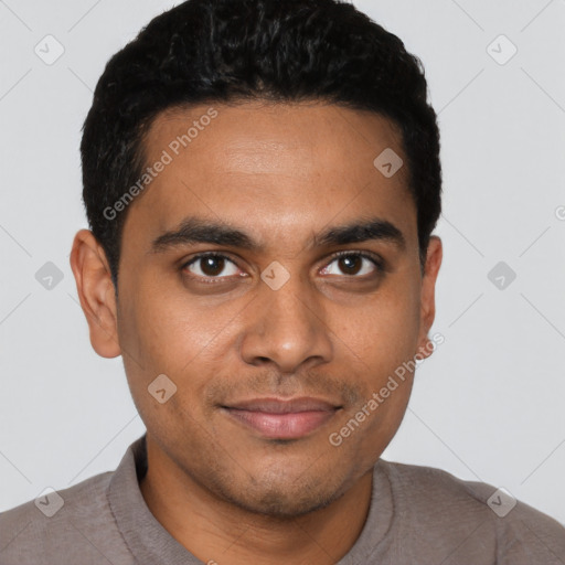 Joyful latino young-adult male with short  brown hair and brown eyes