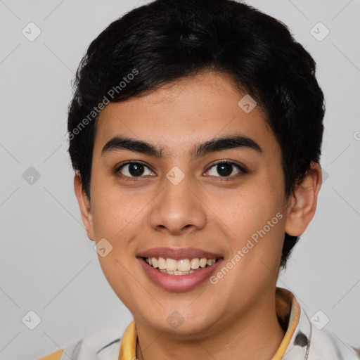 Joyful latino young-adult female with short  brown hair and brown eyes